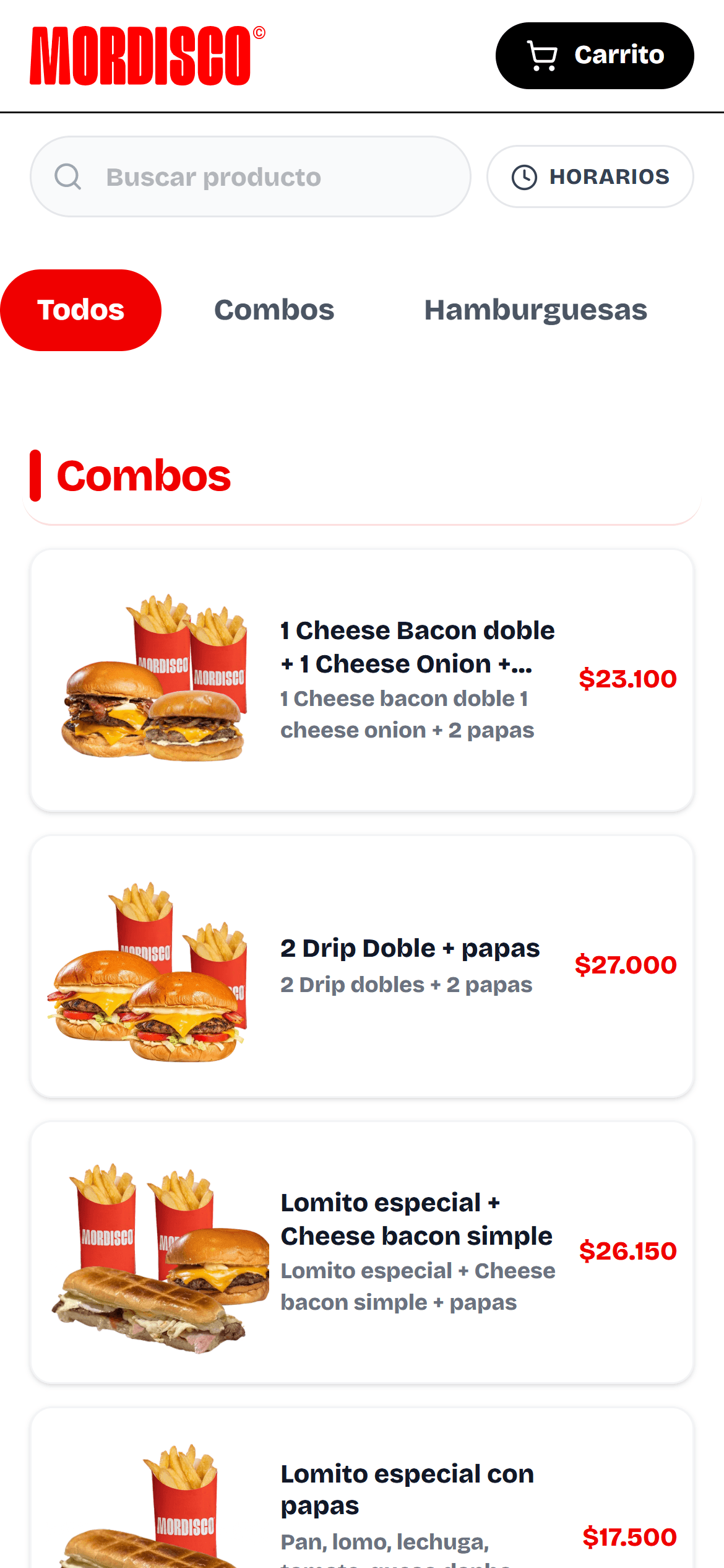 Tienda online de una hamburguesería en Kablam vista desde el celular