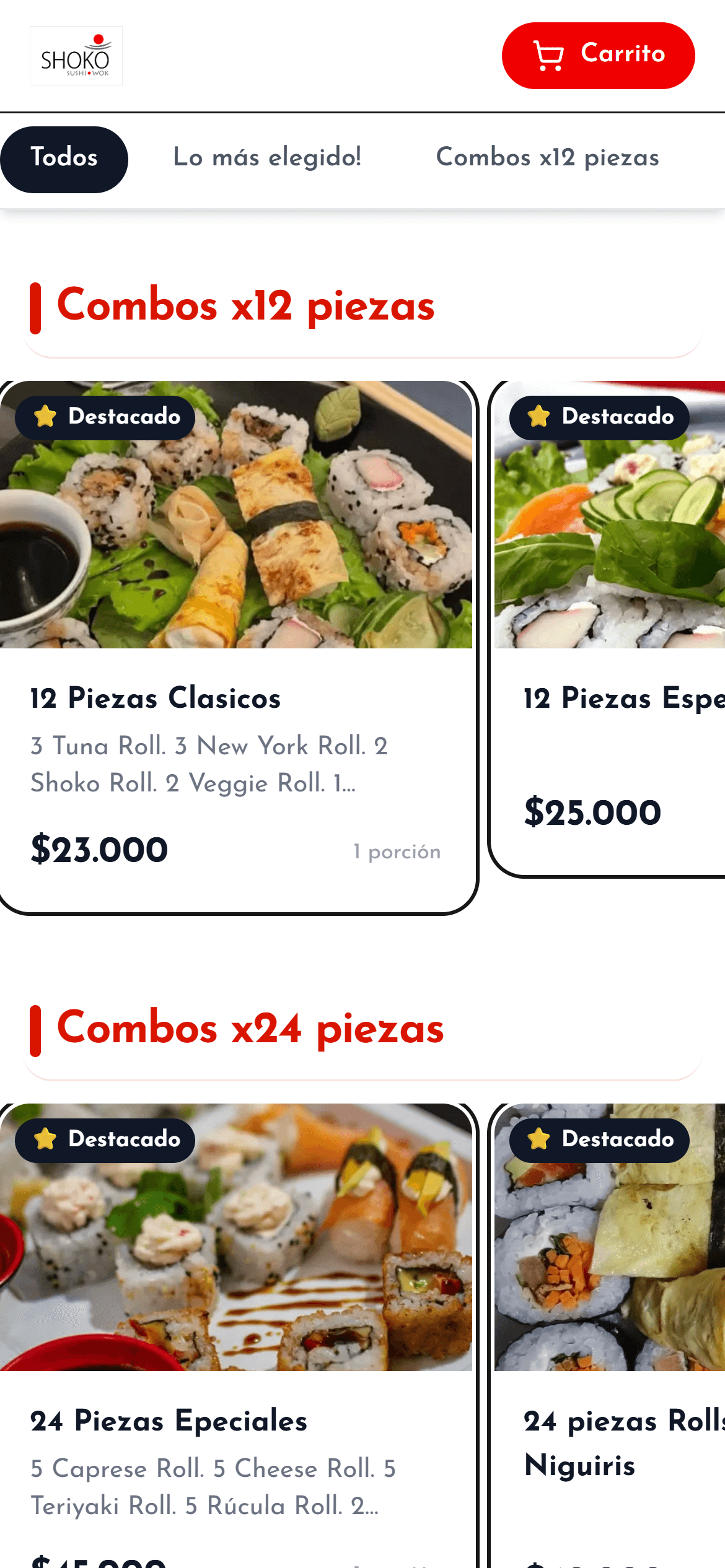 Tienda online de un local de sushi en Kablam vista desde el celular